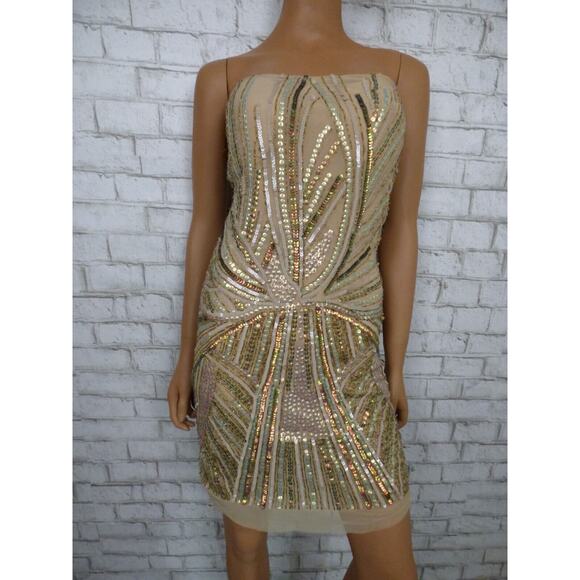$1400 Jean Louis Scherrer Sequin Beaded Beize Mini Sheath Dress Small NEW - Picture 1 of 13
